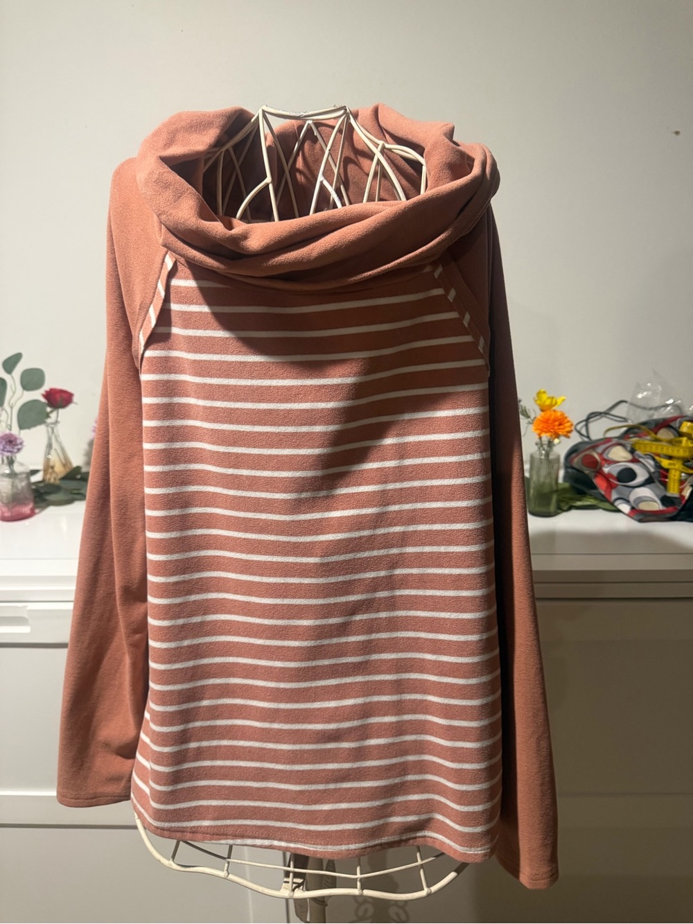 Doublju Dusty Rose Striped Cowl Neck Sweatshirt